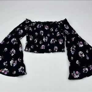 Y2K Black Romantic Goth Floral Smocked Crop Top Bell Sleeve Fairycore Boho Small